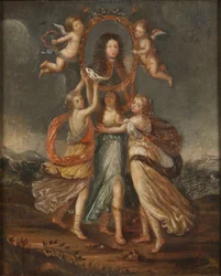 Drei allegorische Figuren tragen das Porträt Karls XI. von Schweden