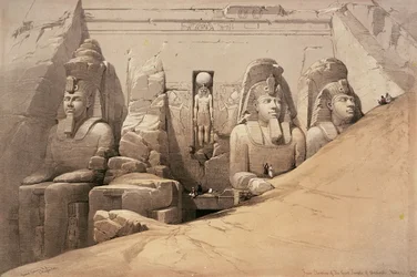 Vorderansicht des Großen Tempels von Aboo Simbel, Nubien, aus 