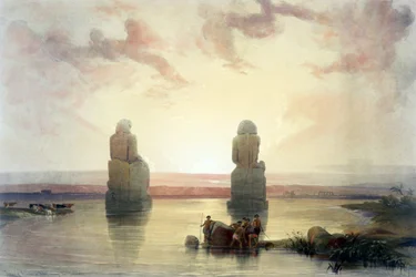 Die Statuen von Memnon, Theben, während der Überschwemmungen (Aquarell)