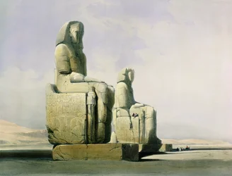 Theben, 4. Dezember 1838, Detail (Kolossen von Memnon), Platte 12 aus Band I von Ägypten und Nubien, graviert von Louis Haghe