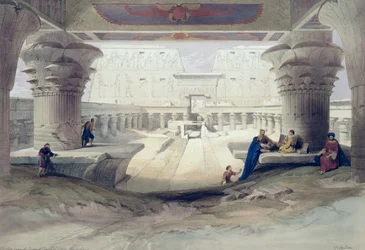 Blick unter dem Portikus des Tempels von Edfu, Oberägypten, Tafel 32 aus Band I von „Ägypten und Nubien“, gestochen von Louis Haghe (1806-85), veröffentlicht 1846