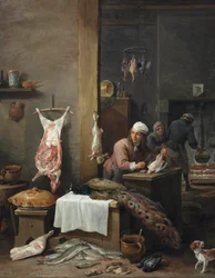 Eine Kücheninterieur mit einem Koch, der Wild am Tisch zubereitet (Le Cuisinier Flamand)