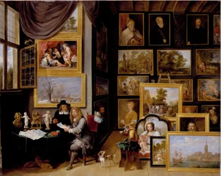 Eine Gemäldegalerie mit zwei Männern, die ein Siegel und eine Rötelzeichnung betrachten, und einem anwesenden Affen