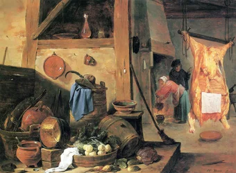 Kücheninterieur mit Stillleben und geschlachtetem Ochsen