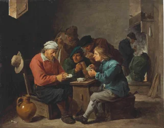 Bauern spielen Karten in einem Innenraum