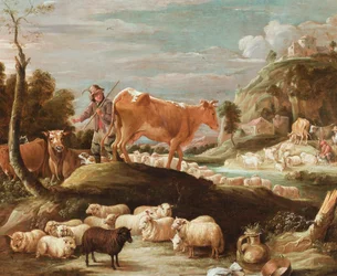 Ein Kuhhirte mit Rindern und Schafen in der Nähe eines Baches