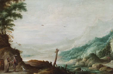 Eine bergige Flusslandschaft mit einer Wahrsagerin