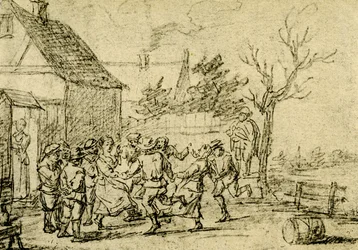 Bauern tanzen vor einem Haus