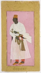 Porträt von Malik Ambar, beschriftet in Devanagari, 