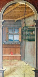 Perspektive, gemalt von Defendente Ferrari, im hinteren Teil des Chors aus dem 16. Jahrhundert, Kirche des Heiligen Hieronymus, Biella, Italien