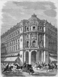 Projekt der Fassade des neuen Vaudeville-Theaters an der Ecke Boulevard des Capucines und Rue de la Chaussée-d