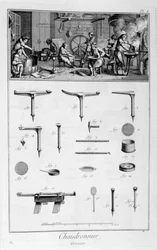Innenansicht eines Eisenwarenhändlers und Pläne von Instrumenten, 1751-1777