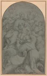 Der heilige Franziskus von Assisi verehrt die Jungfrau und das Kind