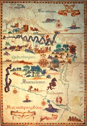 Atlas von Diego Homem von Südamerika, zeigt Indianer in ihren Siedlungen, spanisches Expeditionslager und Männer in Rüstungen, ca. 1558