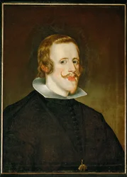 König Philipp IV. von Spanien in einem schwarzen Kostüm mit dem kleinen weißen Kragen, den er anstelle der großen Halskrausen einführte