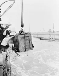 Kiste mit Harry Houdini, die in die New Yorker Bucht abgesenkt wird, 1912