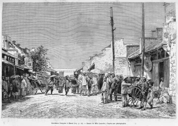 Französische Residenz in Hanoi. Gravur von Lancelot, nach einem Foto, zur Illustration der Geschichte „Dreißig Monate in Tonkin“ 1884, von Doktor Hocquard, in Le Tour du monde 1889, herausgegeben von Edouard Charton (1807-1890), Hachette, Paris.