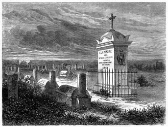 Ansicht des französischen Friedhofs in Peking (Beijing), China. Gravur nach einer Zeichnung von Lancelot, in „Le Tour du Monde, Nouveau journal des Voyages“, herausgegeben von Edouard Charton, Paris