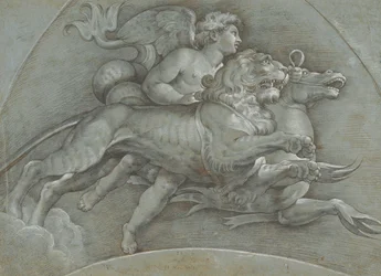 Ein geflügelter Putto reitet auf einem Seepferdchen und einem Löwen nach Raphael