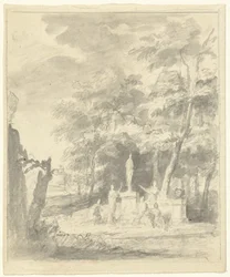 Arkadische Landschaft mit Figuren um eine Statue