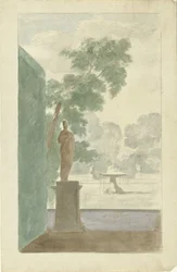 Entwurf für eine Wanddekoration in einer Halle: Blick auf einen Garten mit Statue, Brunnen und Urnen