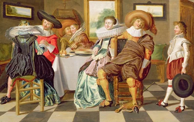 Elegante Figuren beim Festmahl an einem Tisch