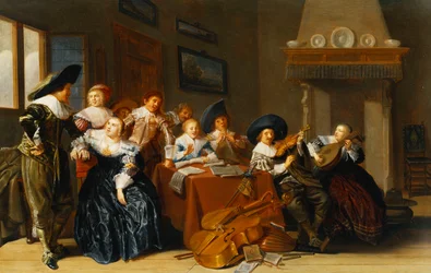Elegante Figuren mit Instrumenten an einem Tisch und eine junge Dame, die in einem Innenraum singt, 1637