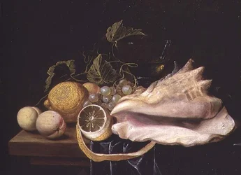 Stillleben mit Strombus-Schnecke und Früchten