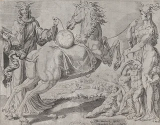 Törichtes Wissen und törichte Liebe versuchen, die Welt zurückzuhalten, aus Die ungebändigte Welt..., 1550