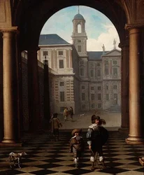 Elegante Figuren in einer Loggia am Eingang eines Palastes