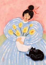 Frau mit Blumen und Katze