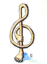 Haariger Violinschlüssel - ein Violinschlüssel gezeichnet als Bein mit einer Hand, die ihn hält