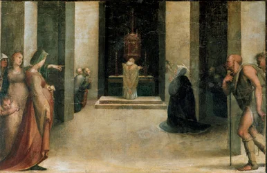 Altarbild der Stigmata der Heiligen Katharina. Detail der Predelle: Heilige Katharina von Siena empfängt die Eucharistie von einem Engel
