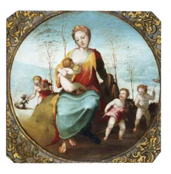 Beccafumi - Nächstenliebe, die ein Kind stillt und von drei Kindern umgeben ist, die mit einem Hund und Steckenpferden spielen, ca. 1525