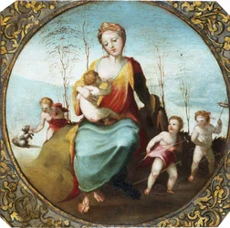 Nächstenliebe, die ein Kind stillt, umgeben von drei Kindern, die mit einem Hund und Steckenpferden spielen, ca. 1525