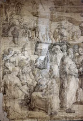 Geschichte von Moses auf dem Berg Sinai: Die Hebräer erwarten die Rückkehr von Moses. Vorbereitende Zeichnung für den Boden der Kathedrale von Siena