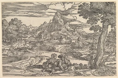 Landschaft mit einer sitzenden Frau neben einem Mann, der eine Drehleier spielt, ca. 1540