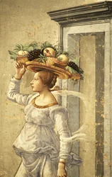 Frau trägt Obst, aus der Geburt von Johannes dem Täufer