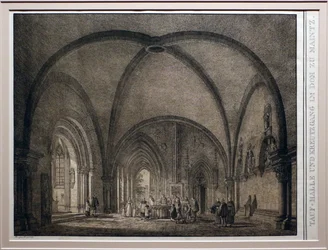 Domenico Quaglio II, Taufbecken und Kreuzgang der Kathedrale von Mainz, aus der Sammlung bemerkenswerter mittelalterlicher Gebäude Deutschlands, 1823, Lithographie