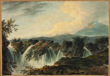 Kamelkarawane überquert Ebene über Wasserfall
