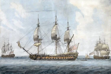 Porträt eines britischen 74-Kanonen-Schiffs, in Solent (England), aus drei verschiedenen Blickwinkeln. Gemälde von Dominic Serres dem Älteren (1719-1793), Aquarell um 1788