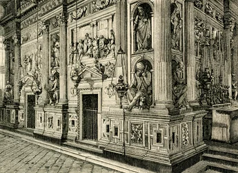 Marmorschirm des Heiligen Hauses, entworfen von Donato Bramante (1444-1514), Heiligtum des Heiligen Hauses, Loreto, Marken, Italien