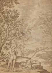 Apollo stehend in einer Flusslandschaft