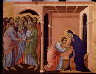 Maria verabschiedet sich von Johannes, außen schütteln die Apostel Petrus und Paulus die Hände (Detail)