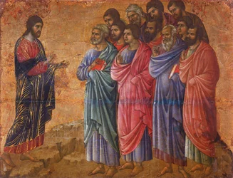 Die Erscheinung Christi auf dem Berg in Galiläa, Detail aus den Episoden der Passion und Auferstehung Christi, Rückseite der Maestà des Duccio, Altarbild in der Kathedrale von Siena
