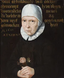 Porträt einer Dame mit schwarzer und weißer Haube, die einen Blumenstrauß hält