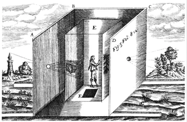 Camera Obscura, Illustration aus Athanasius Kirchers Ars Magna, Amsterdam, 1671