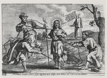 Karikatur von Luther, Calvin und Menno Simons, die Christus und seine Lehre diskutieren