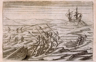 Sammeln von Treibholz für die Hütte, in der die Expedition überwinterte, Illustration aus Diarium Nauticum, seu vera descriptio trium navigationum admirandarum... von Gerrit de Veer, 1598