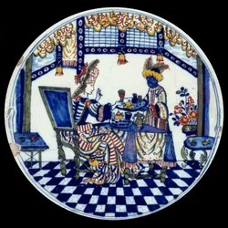 Delfter Porzellanteller mit einer Frau an einem Tisch, bedient von ihrem schwarzen Diener (1705)